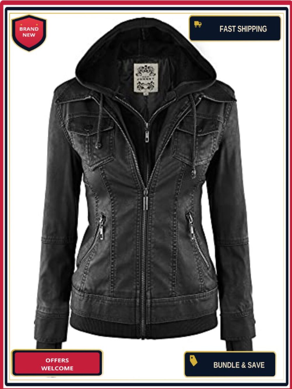 Faux Leather Motorcycle Jacket with Removable Hood for Women